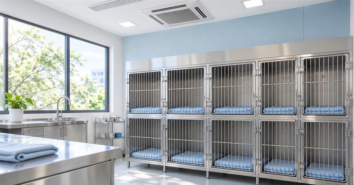 ห้องพักสัตว์ที่มีกรงสเตนเลส หน้าต่างรับแสงธรรมชาติ และช่องปรับอากาศบนเพดาน