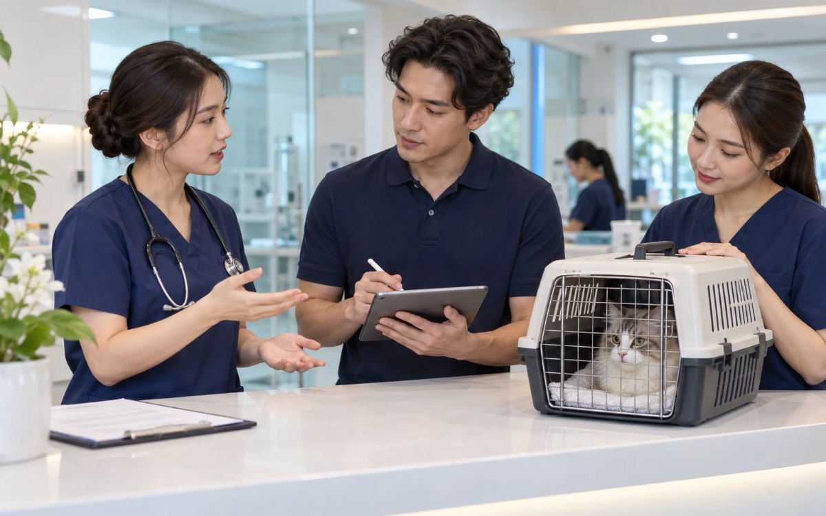 ที่ปรึกษา OZONEVET จดโจทย์ของพื้นที่ร่วมกับสัตวแพทย์ที่เคาน์เตอร์ต้อนรับ